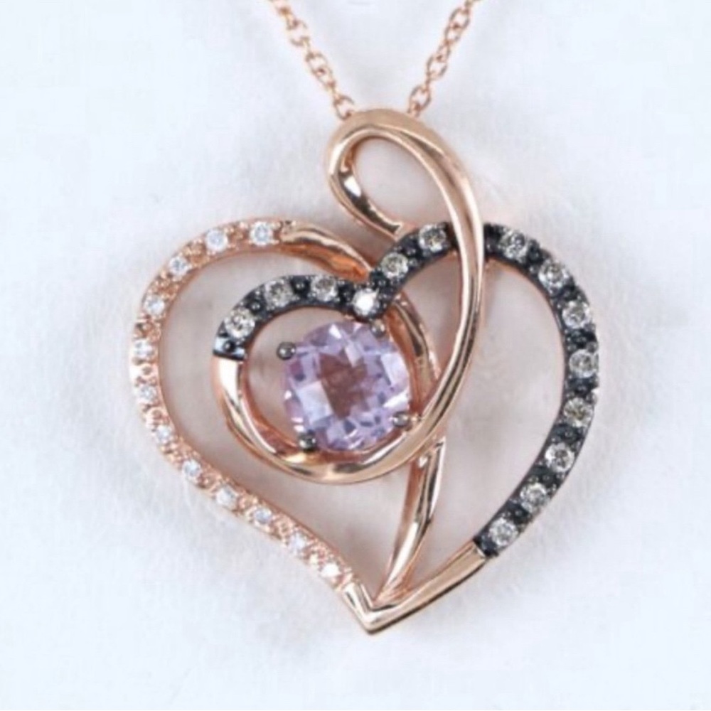 SOLD LeVian 14K Rose Gold Amethyst & Diamond Heart Pendant 18 Inch Chain $1,499